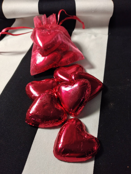 Six Dark (Vegan) Foil Wrapped Chocolate Valentine’s Hearts.